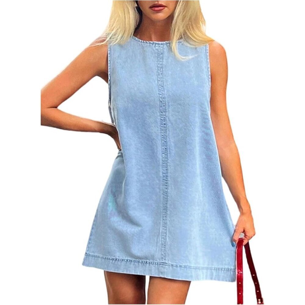 Women's Denim Dress Sleeveless Mini Casual A-Line Crew Neck Blue XS